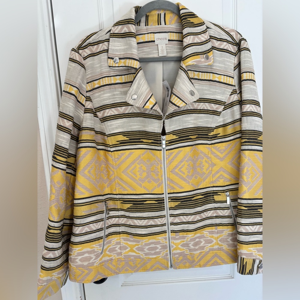 XL Chico's NWT Geometric Tribal Shapes Yellow Gray Blazer Jacket Aztec Coat 3